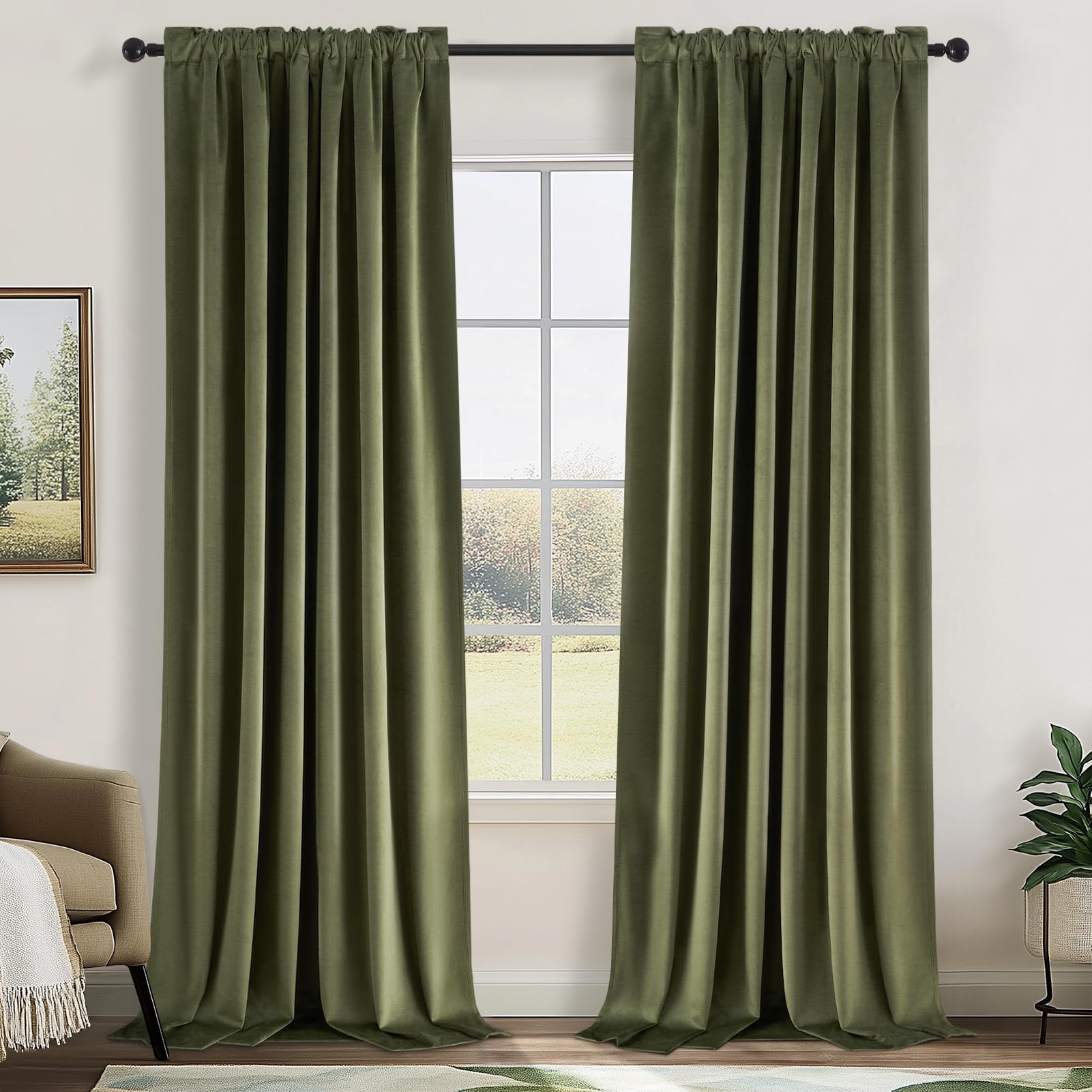 Topfinel olive green velvet curtain close-up texture showing luxurious fabric