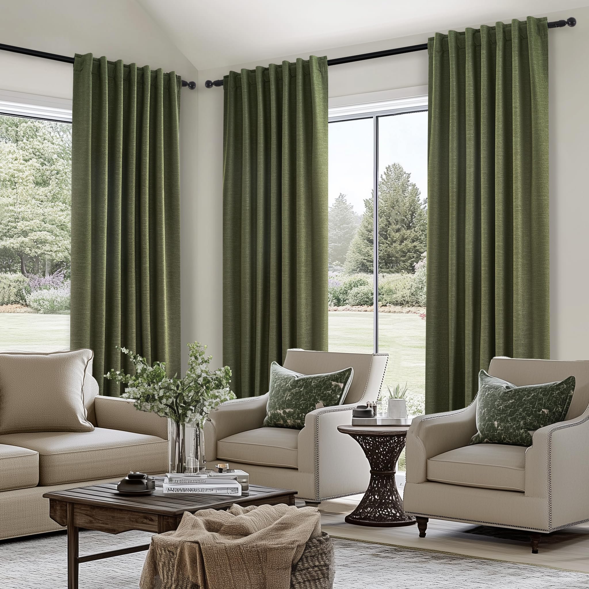 Topfinel pinch pleat drape details on olive green blackout curtain in a living room setting.