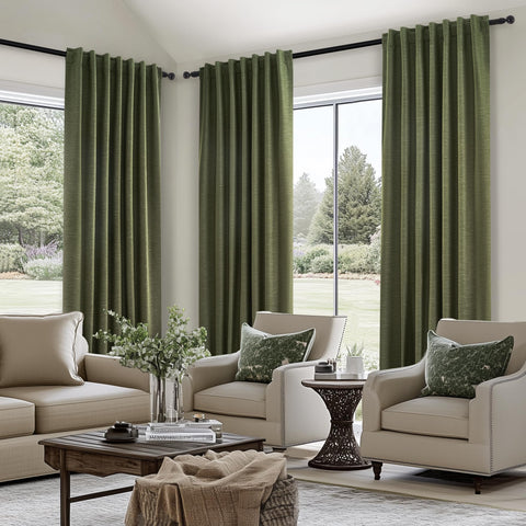 Topfinel pinch pleat drape details on olive green blackout curtain in a living room setting.
