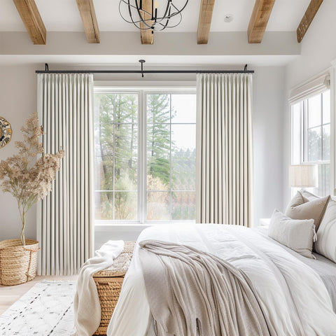 Topfinel pinched-pleat curtains hanging setup demonstrates elegant drape and versatile mounting