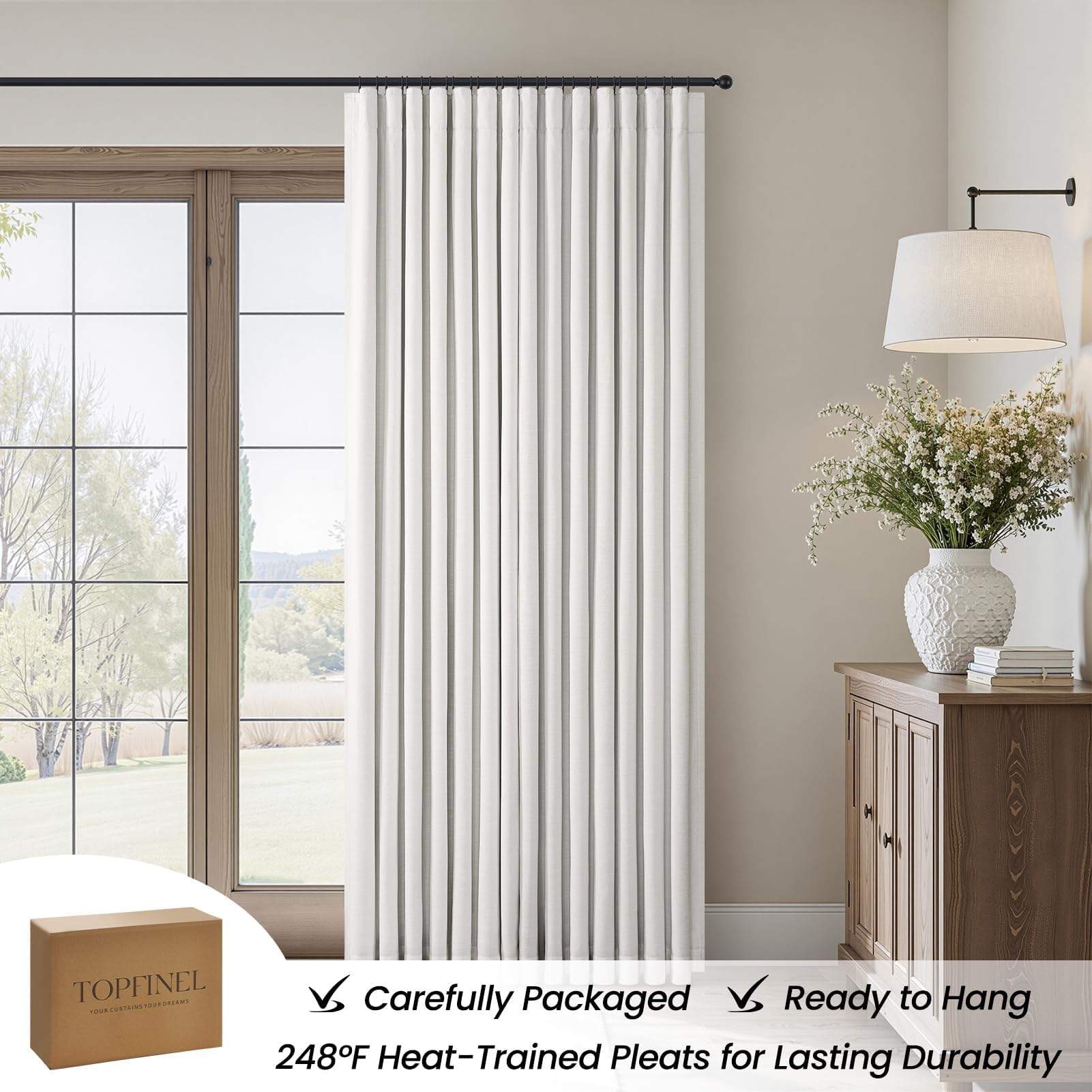 Topfinel pinch pleats arch elegantly for a refined room silhouette