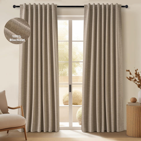 Topfinel taupe burlap linen blackout curtains, two panels, 84 inches, ideal for living rooms.