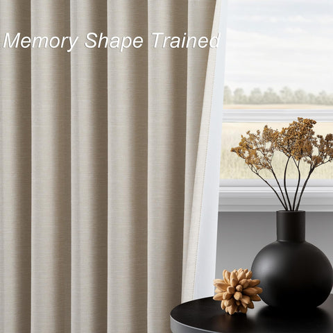 Topfinel beige linen blackout curtains in a bedroom with thermal insulation