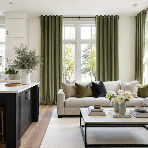Topfinel velvet curtains with bronze grommets enable smooth sliding and a chic accent