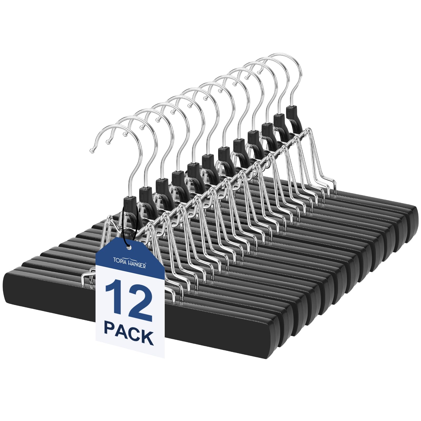 TOPIA HANGER 12-pack wooden pants hangers with flat body prevent creases and keep garments ready