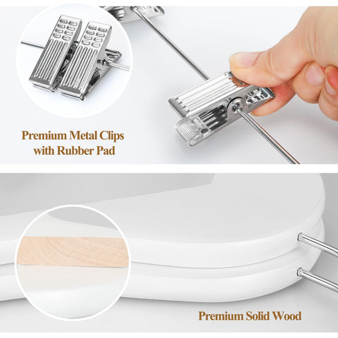 TOPIA HANGER adjustable metal clips enable versatile pant and skirt sizing.