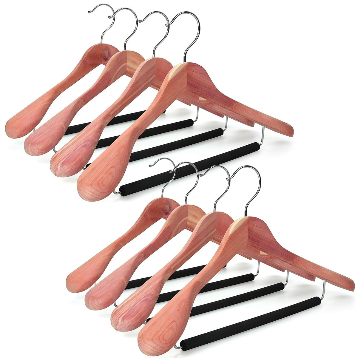 TOPIA HANGER American Red Cedar wide-shoulder design supports suits and reduces wrinkles.