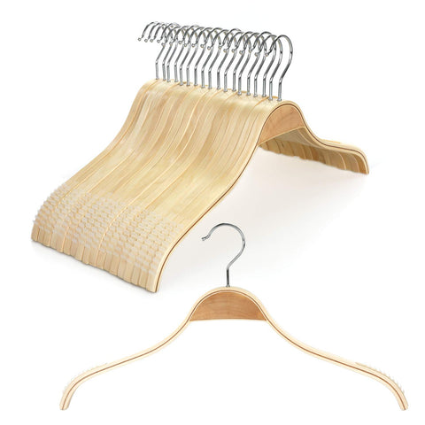 TOPIA HANGER Slim Natural Wood Hangers promote space-saving closet organization.
