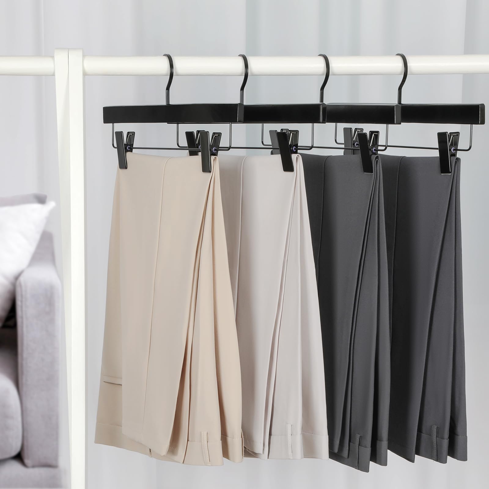 TOPIA HANGER wood skirt hangers with clips protect fabric and prevent slipping.