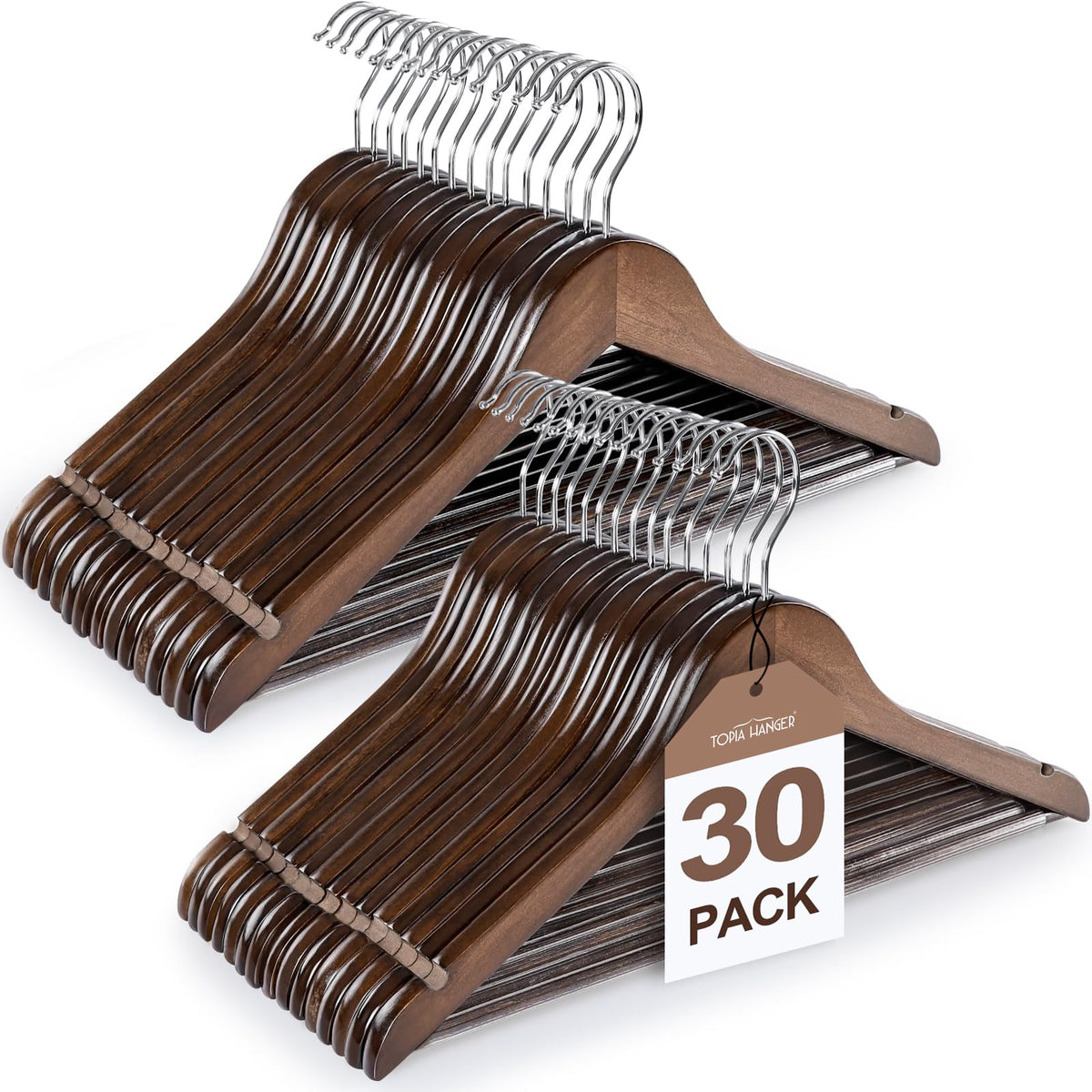 TOPIA HANGER wooden coat hangers with non-slip pant bar for organized closets.