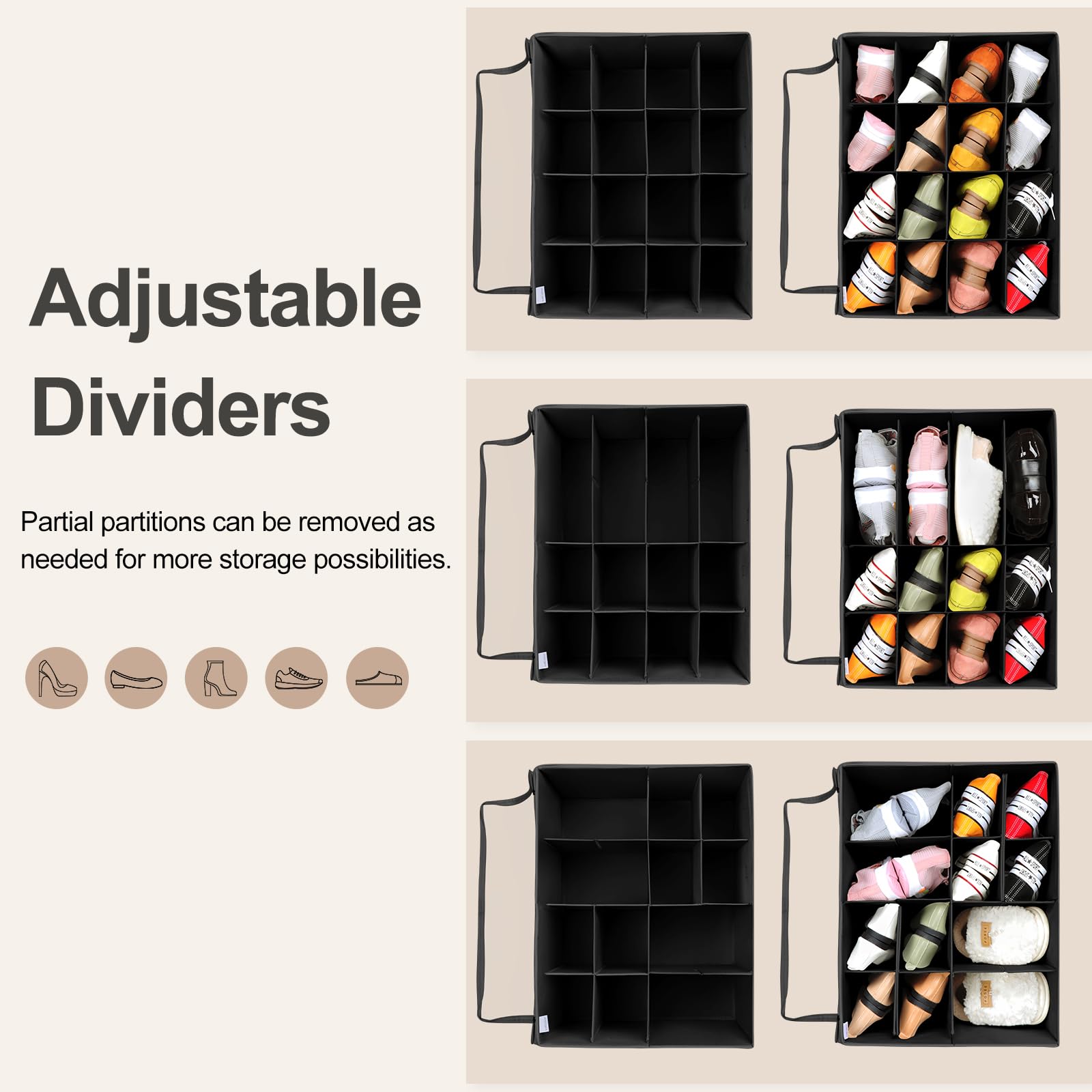 TOPIA HOME organizer shows adjustable dividers for different shoe sizes.