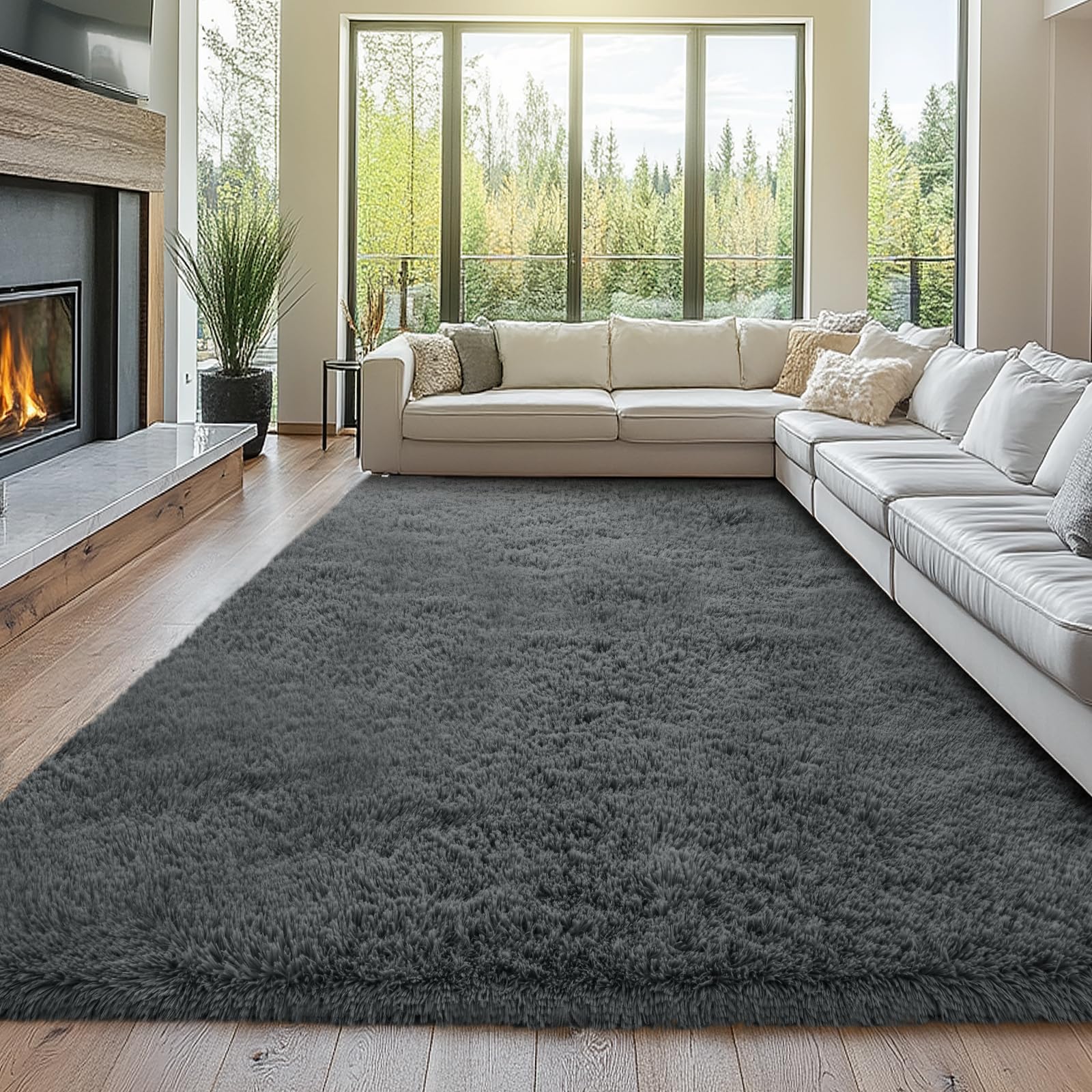 Topmaxcs Fluffy 8x10 area rug in living room with cloud-soft gray pile.
