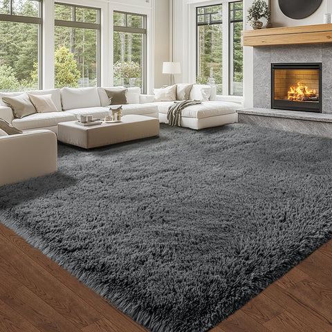 Topmaxcs fluffy-grey rug close-up shows high-pile texture and plush cushion.