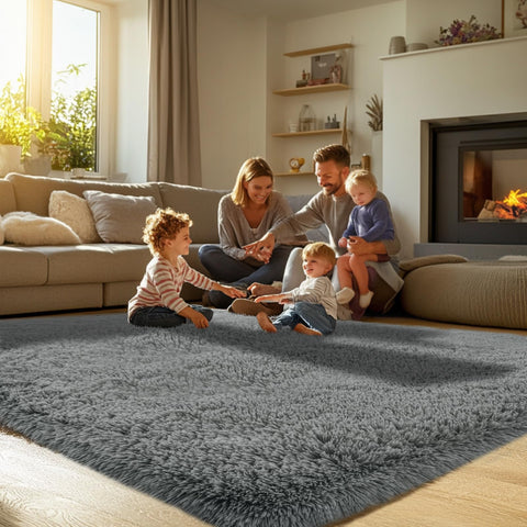 Topmaxcs soft gray shag rug with non-slip back for safety.