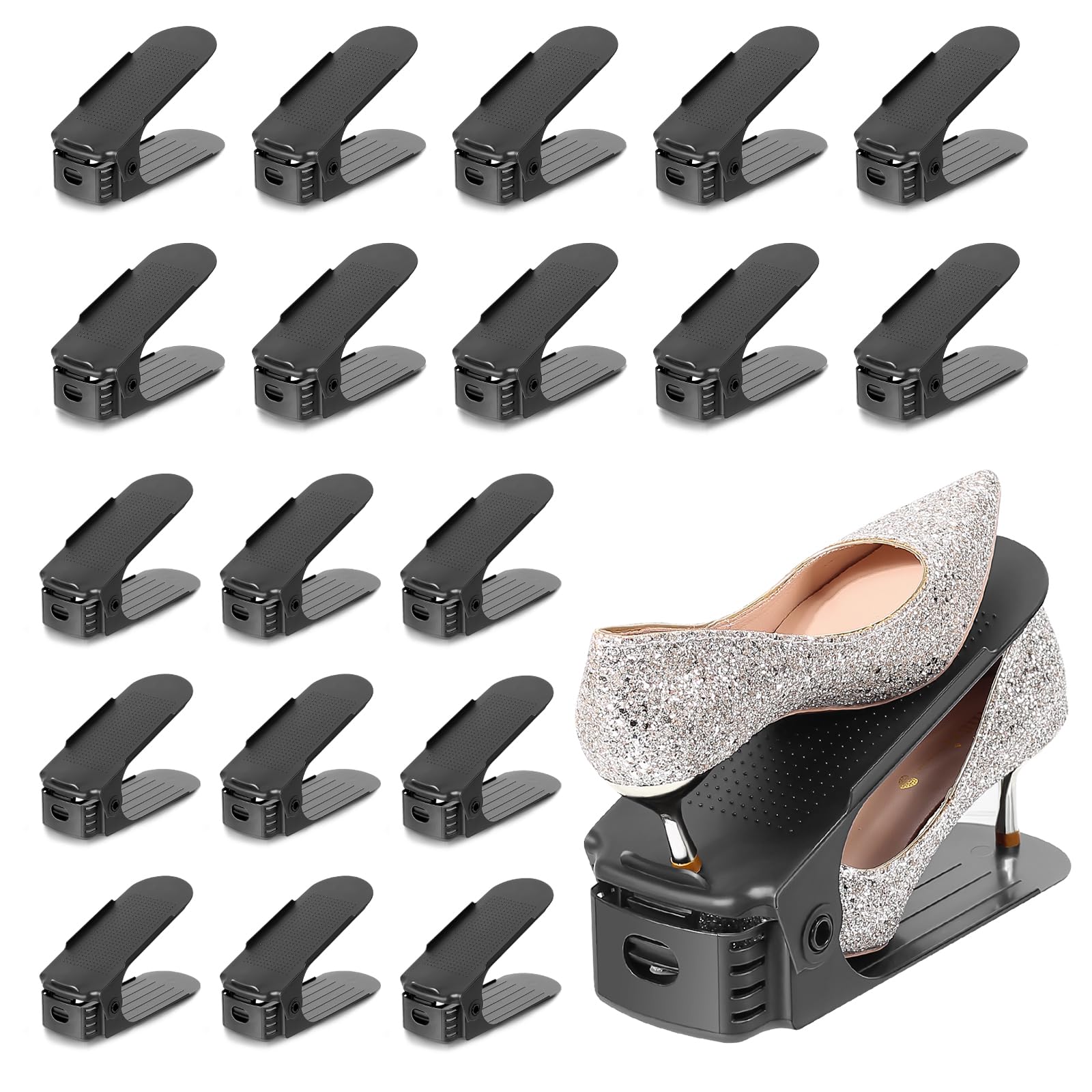 TOPNEW 20-pack shoe slots organizer neatly arranges pairs for quick access and space savings.