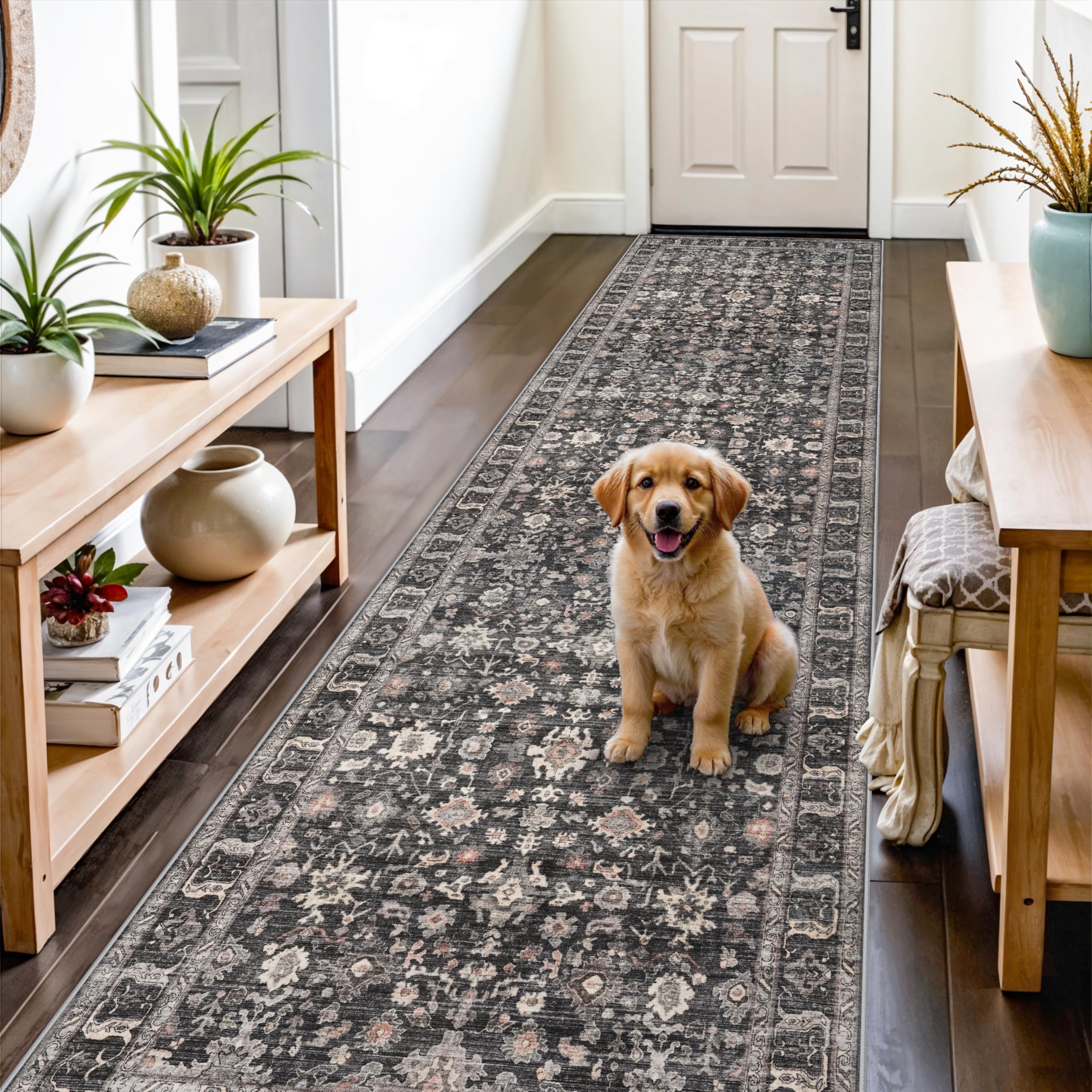 TOPRUUG Black 3x12 runner rug for hallway with non-slip backing and classic pattern.