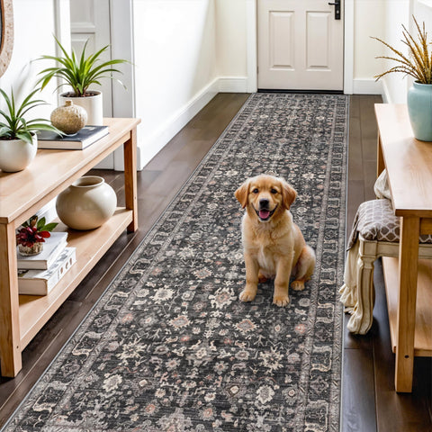 TOPRUUG Black 3x12 runner rug for hallway with non-slip backing and classic pattern.