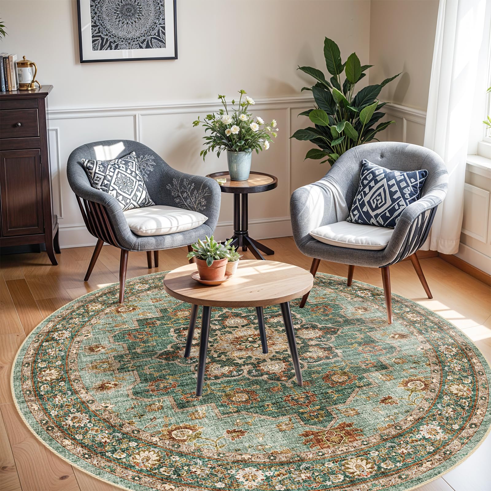 TOPRUUG floral medallion round rug with green tones.