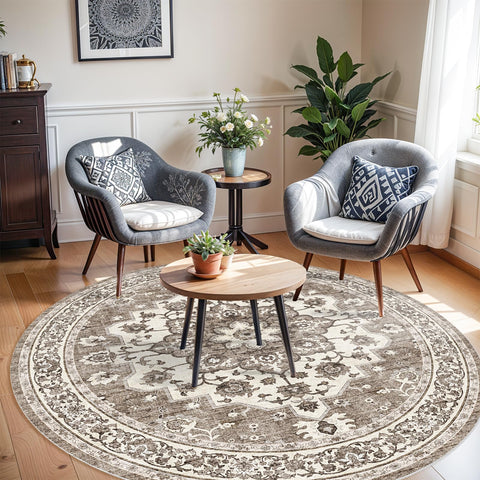 TOPRUUG round beige rug features floral distressed print for versatile decor.