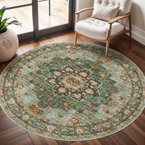 TOPRUUG washable oriental round rug in green, ideal for living rooms.