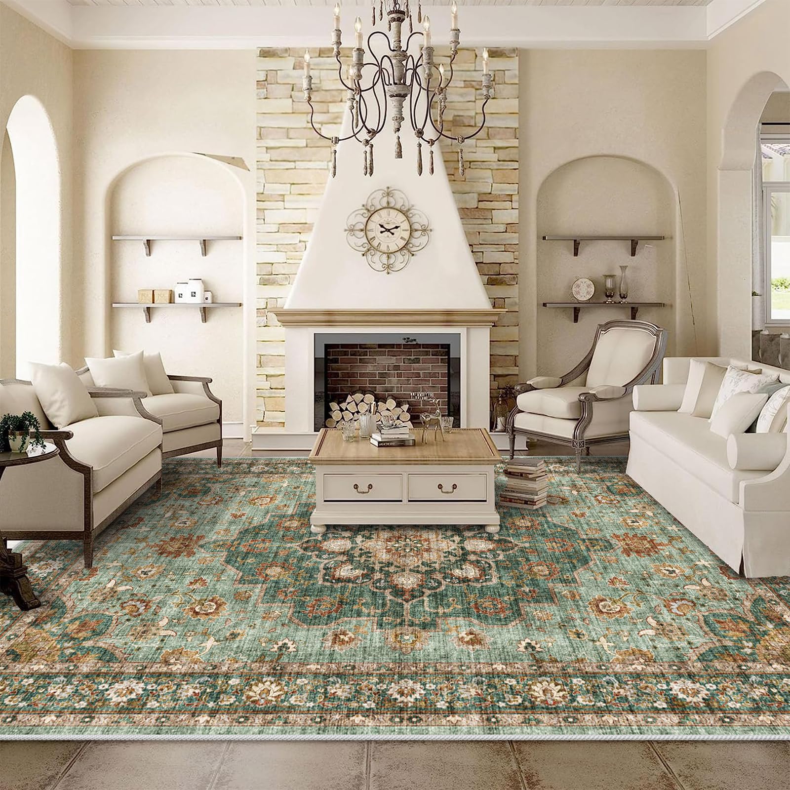 Topruug washable oriental rug 9x12 green, easy care and family-friendly for living rooms.