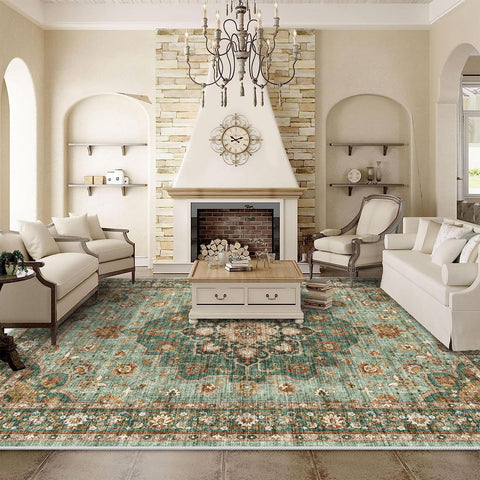 Topruug washable oriental rug 9x12 green, easy care and family-friendly for living rooms.