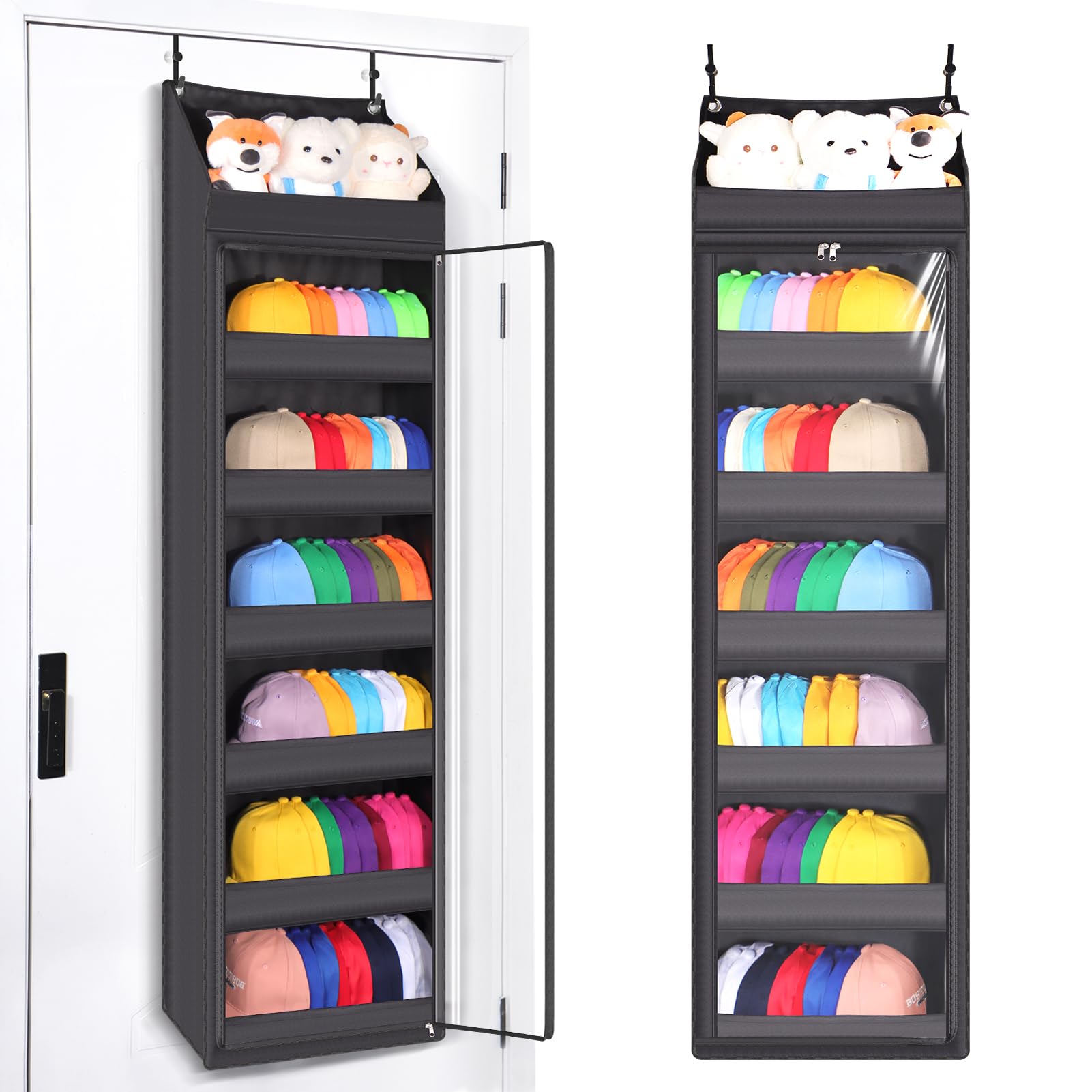Toread 7-layer cap organizer on a door stores up to 90 hats and keeps them tidy.