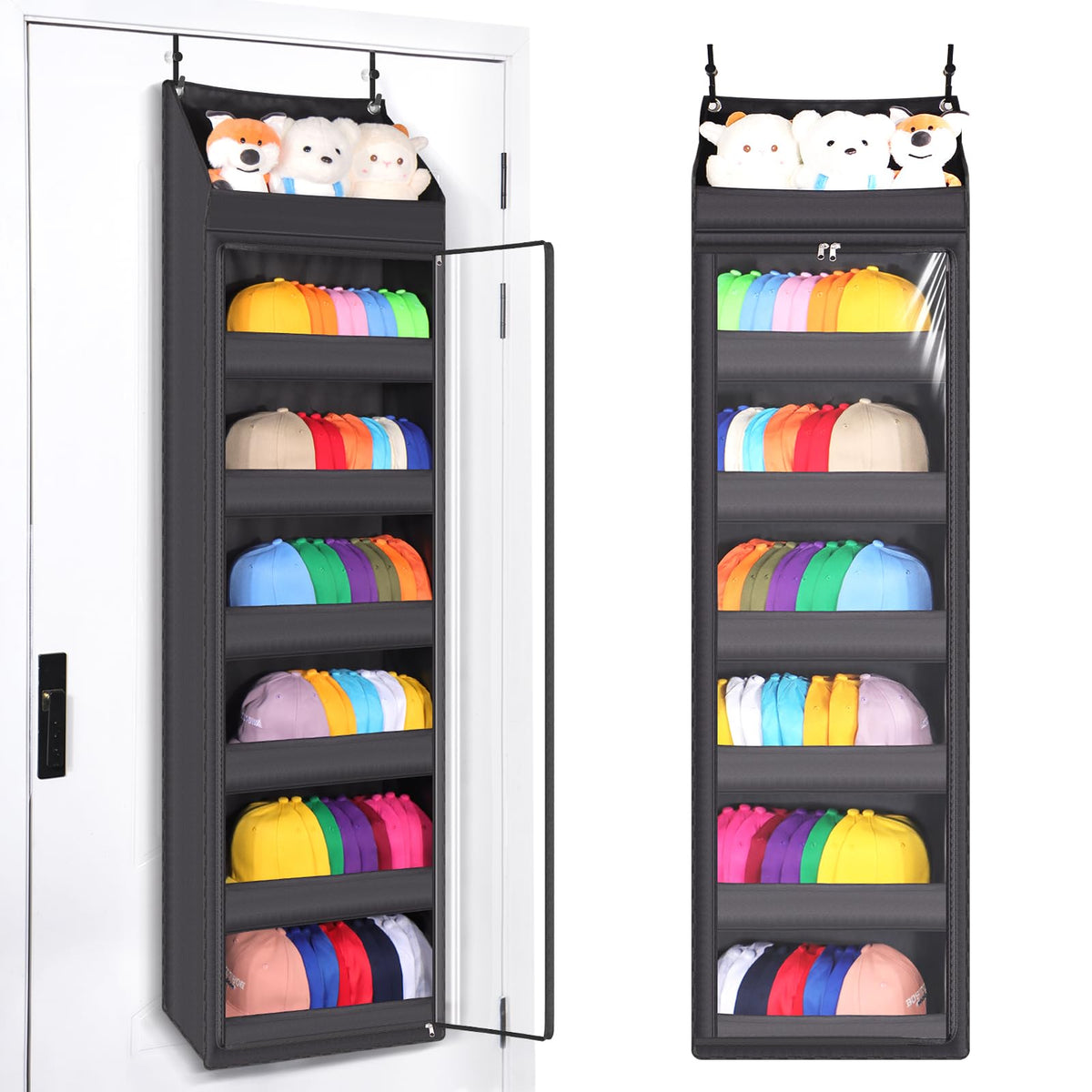 Toread 7-layer cap organizer on a door stores up to 90 hats and keeps them tidy.