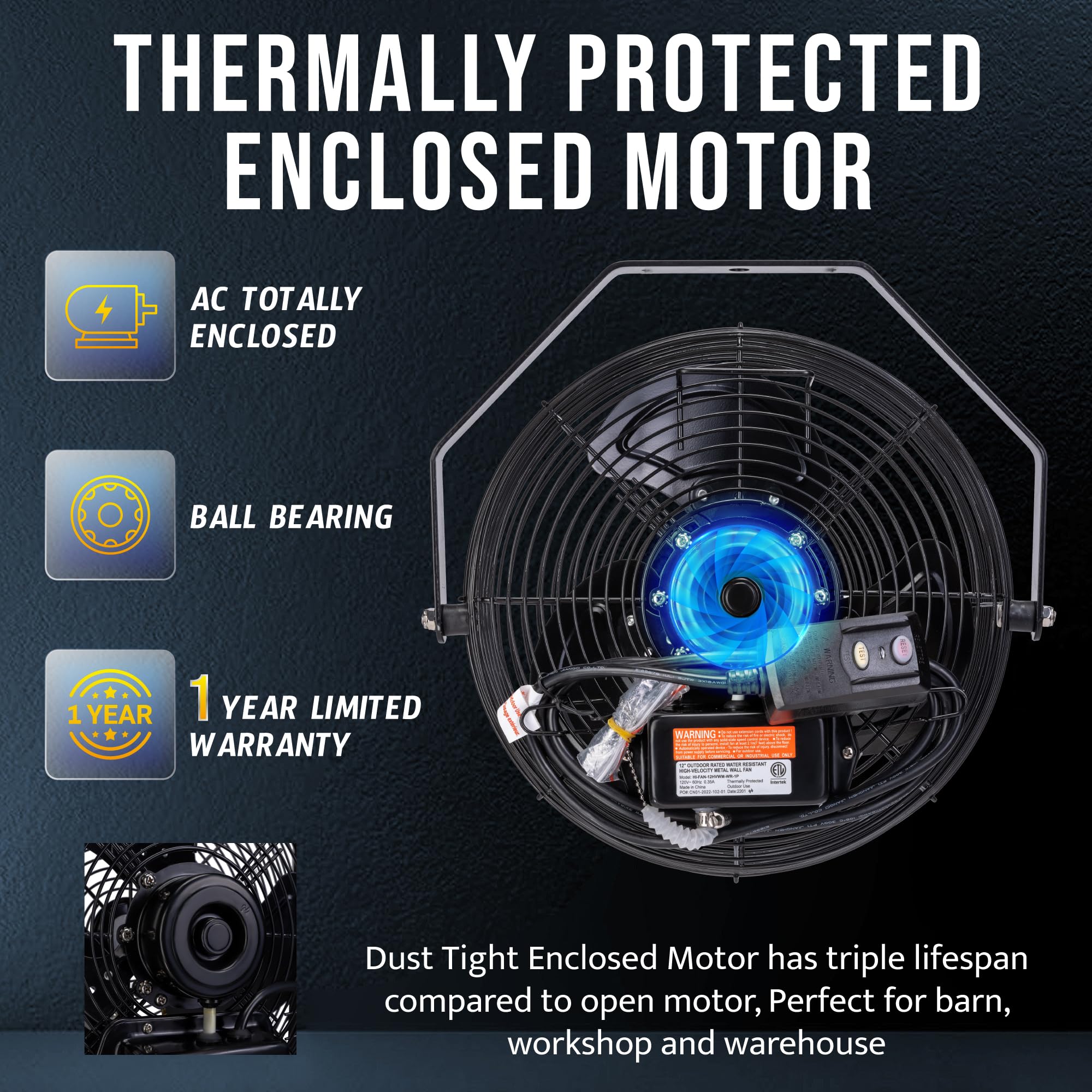 Tornado 12inch outdoor wall fan grille closeup shows rust-resistant protection