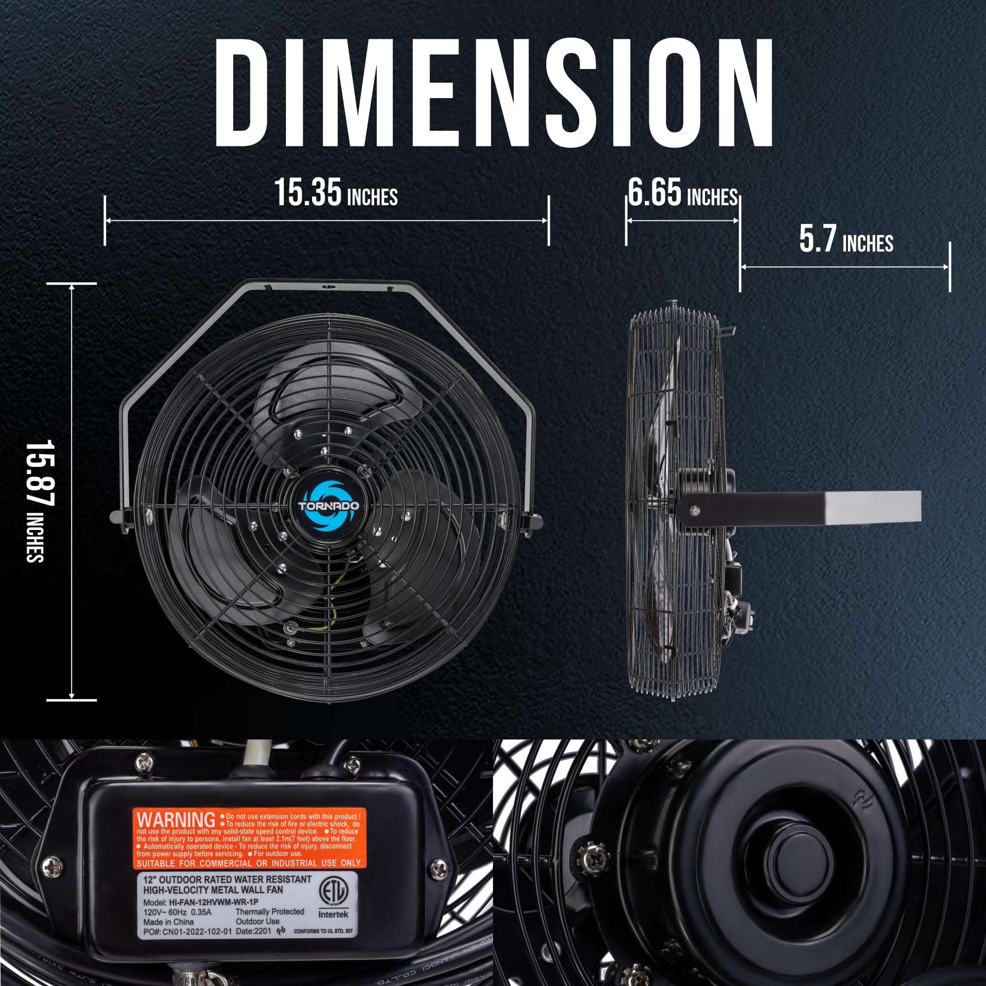 Tornado 12inch outdoor wall fan side view shows compact, wall-friendly installation