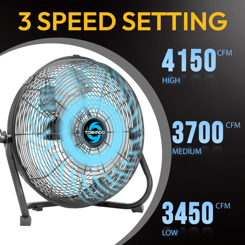 Three-speed control panel on the Tornado fan shows adjustable options.