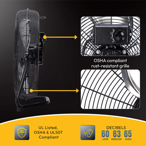 Tornado 18-inch fan equipped with Open Air Over Ball Bearing motor for reliable power.