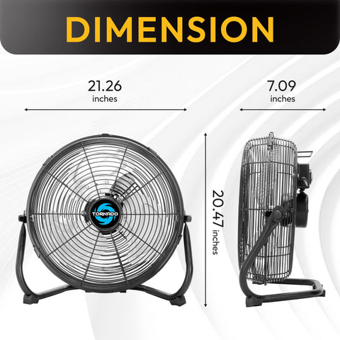 Tornado 18-inch high-velocity fan side view reveals durable metal construction.