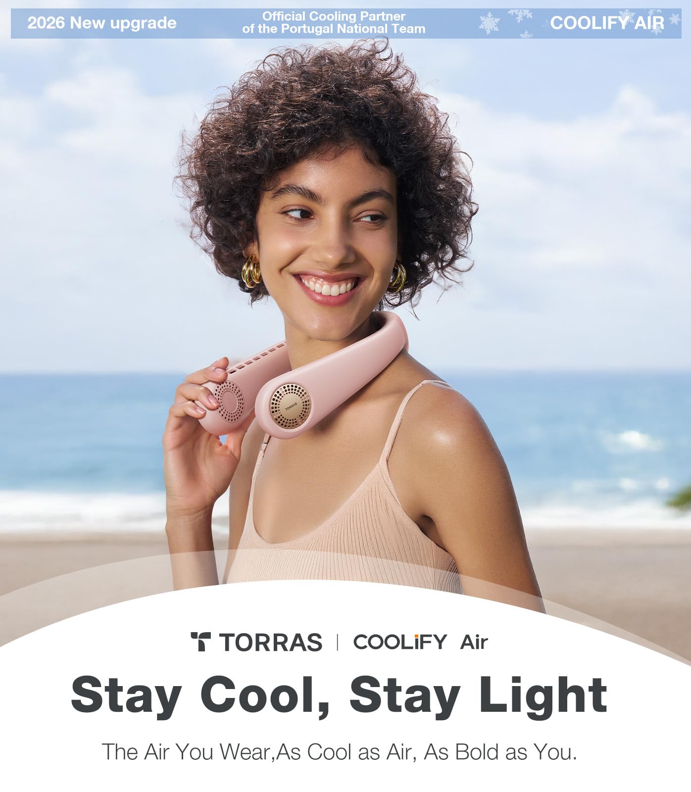 TORRAS COOLiFY Air 2026 neck fan worn from the side for hands-free comfort.