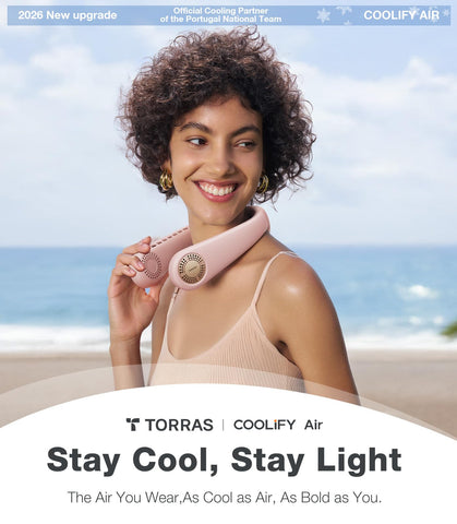 TORRAS COOLiFY Air 2026 neck fan worn from the side for hands-free comfort.