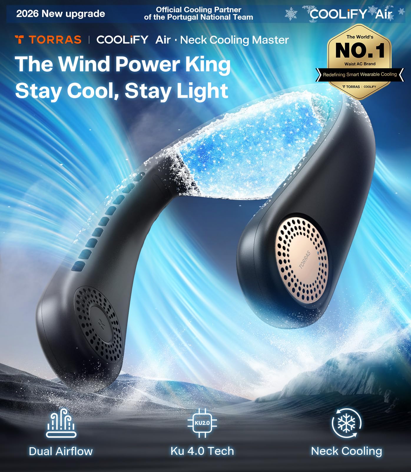 Front view showing upper airflow vent delivering facial cooling