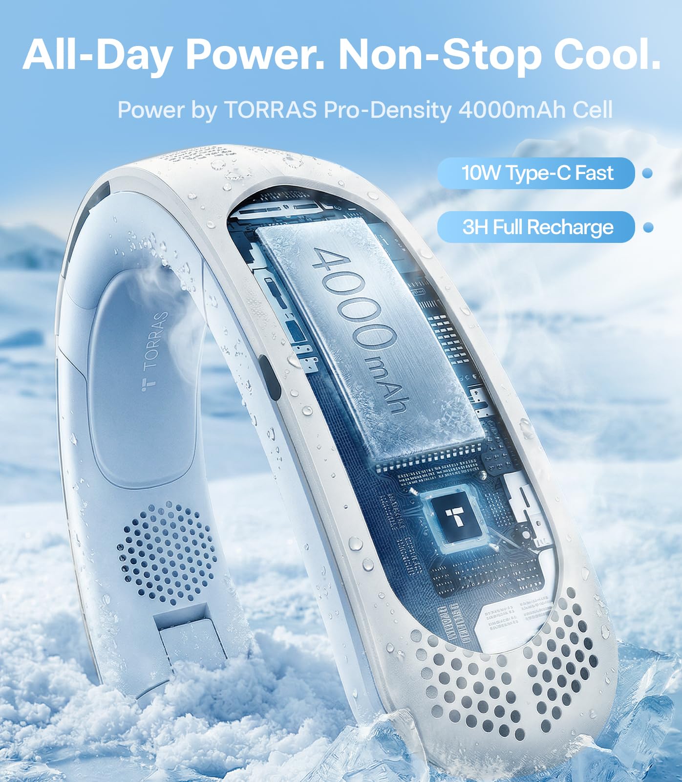 TORRAS LiTE Neck Fan in Eco Mode demonstrates longer battery life for commutes.