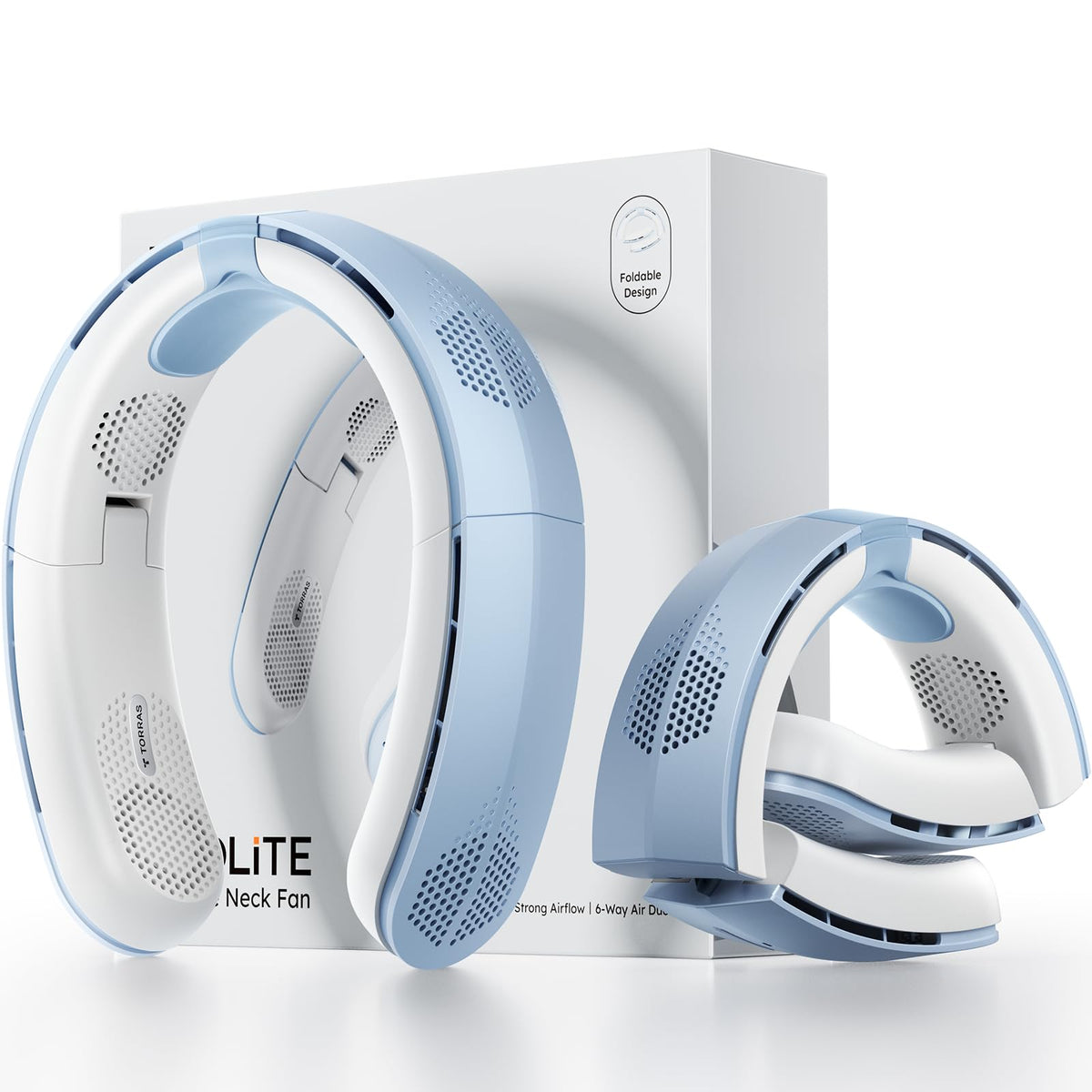 TORRAS LiTE Neck Fan front view in blue illustrating wearable cooling on hot days.