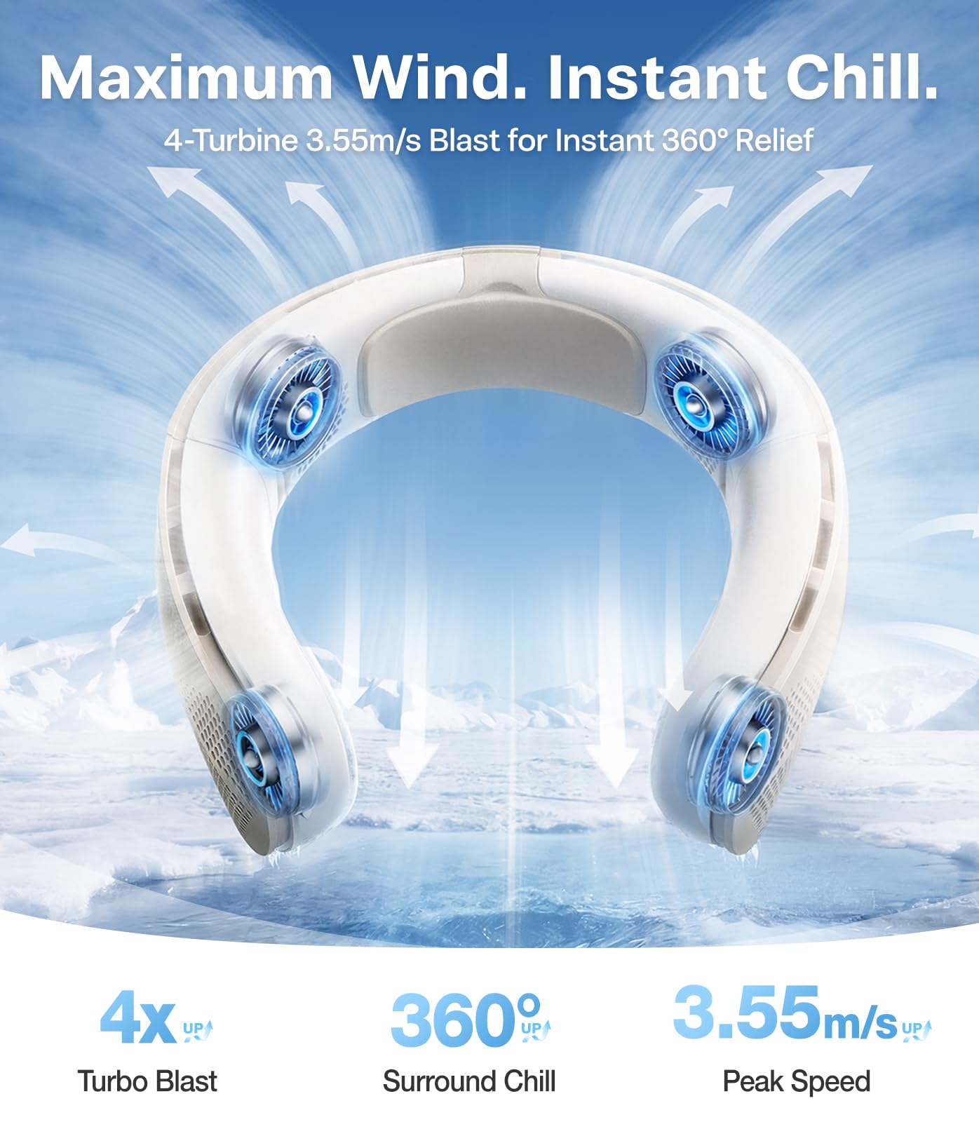 TORRAS LiTE Neck Fan worn around the neck for portable cooling on the go.