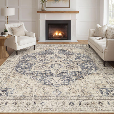 Tortania area rug 8x10 in cream blue for bright living rooms.