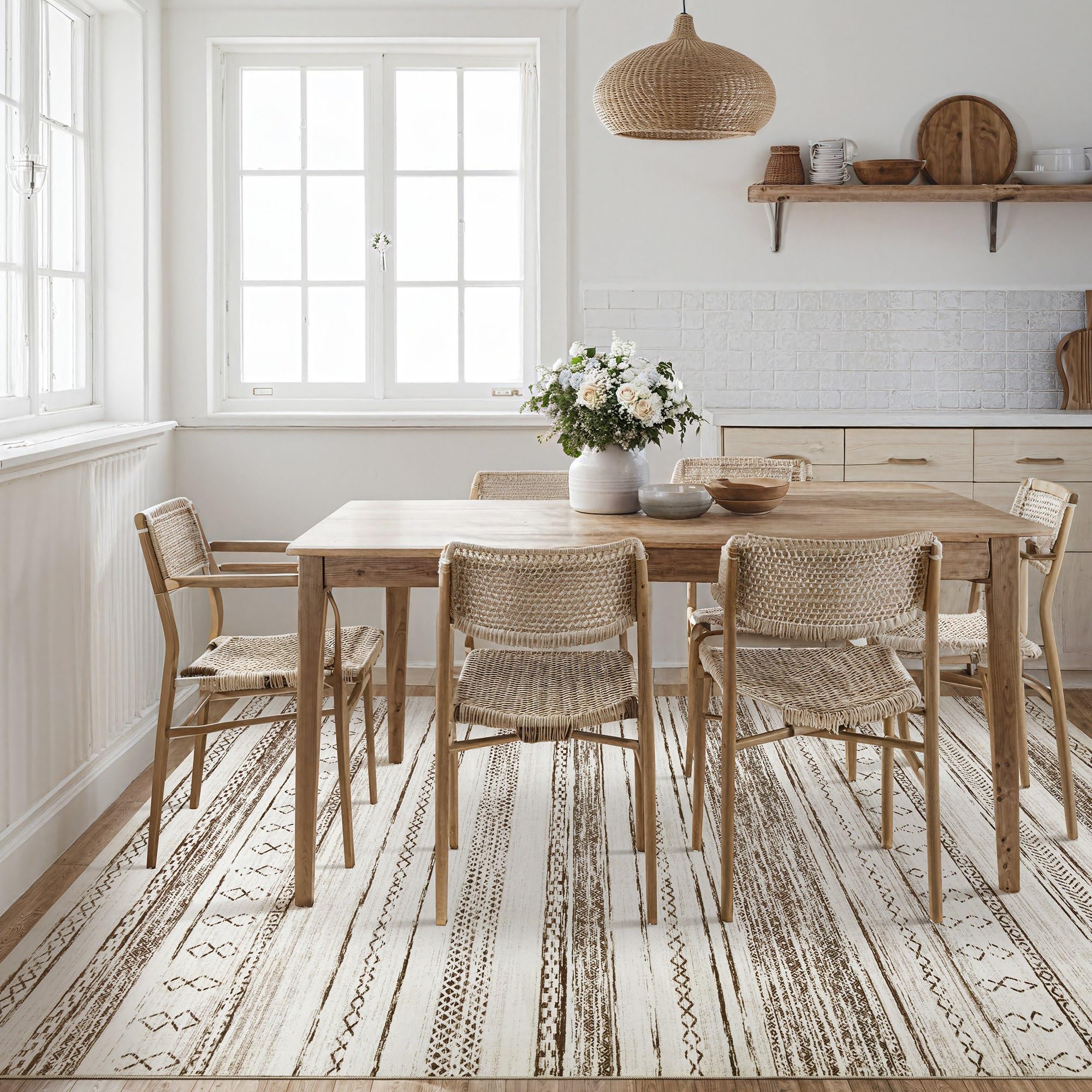 Tortania Boho Moroccan rug in cream brown tones.