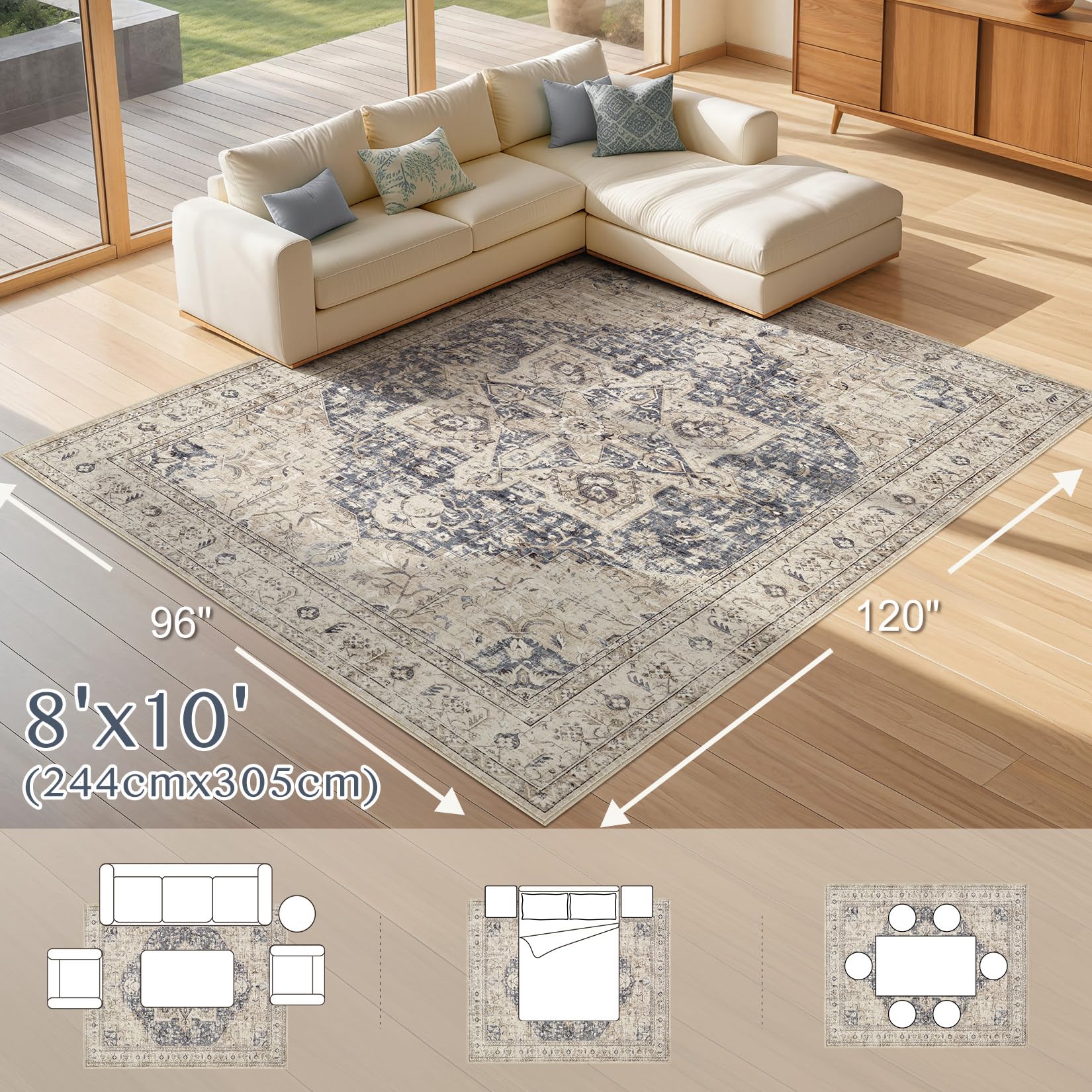 Tortania rug under dining table enhances room style.