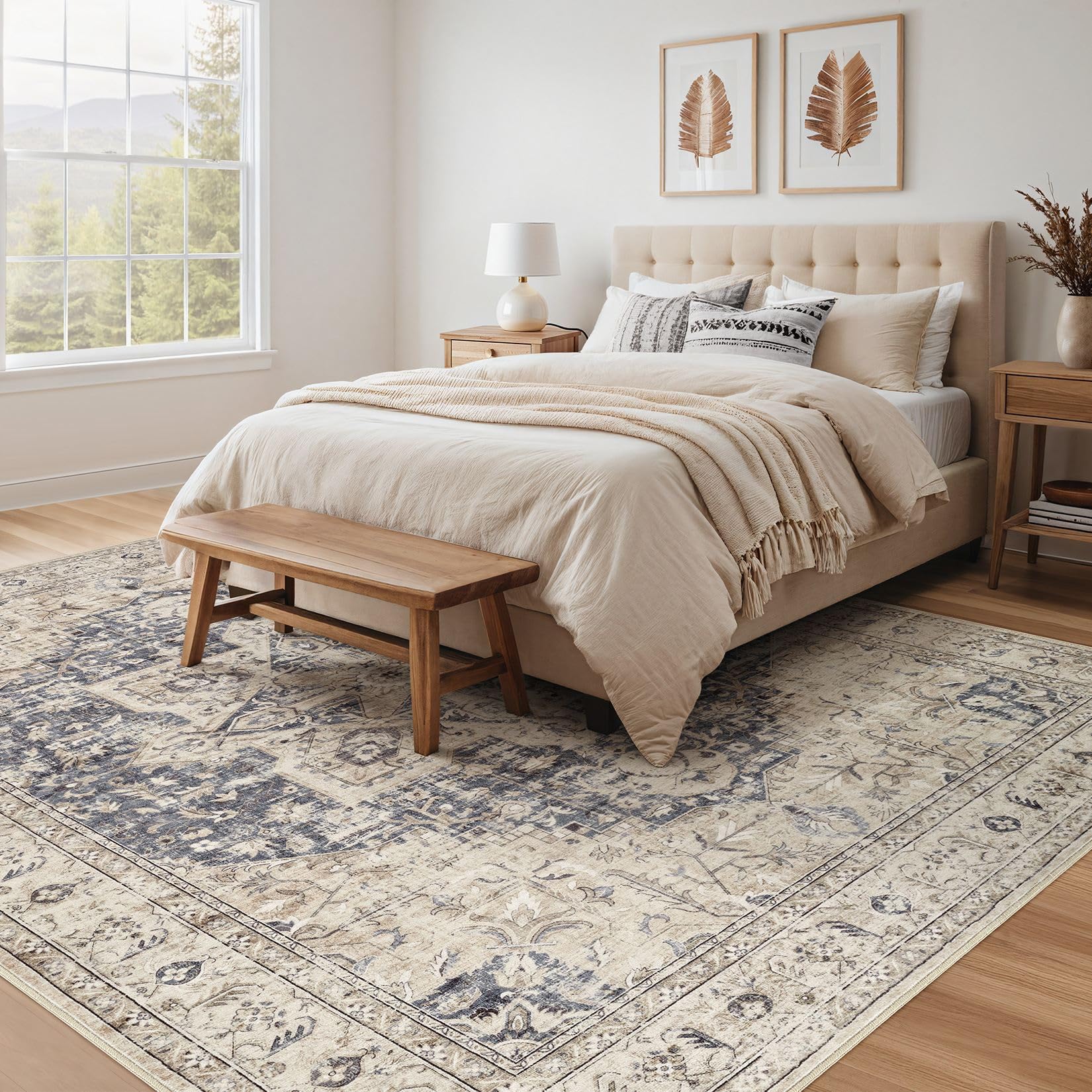 Tortania vintage medallion pattern adds timeless cream-blue charm.