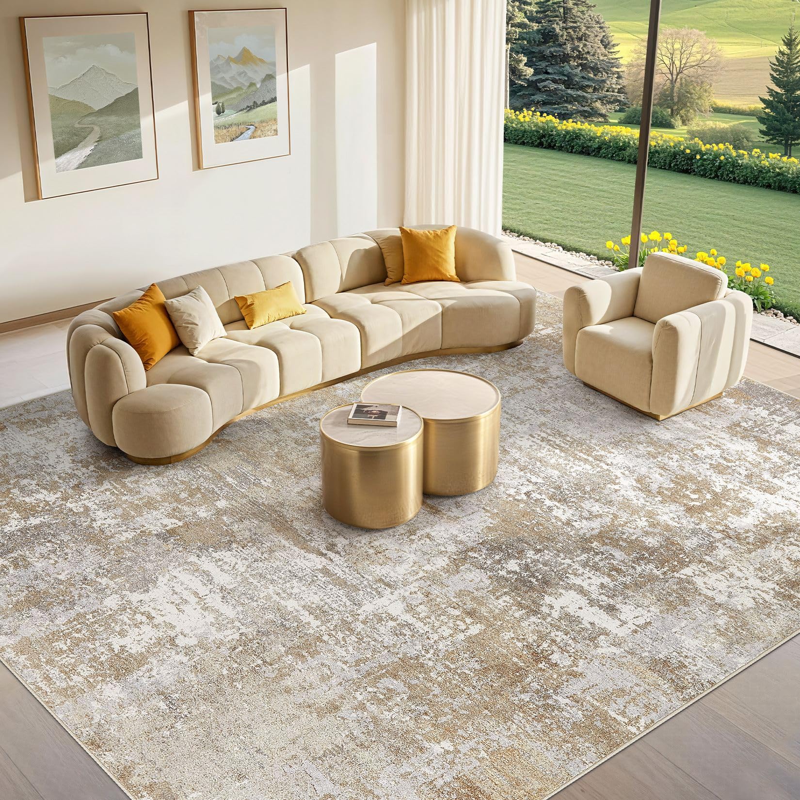 Tortania washable 8x10 area rug in brown gray for a stylish living room.