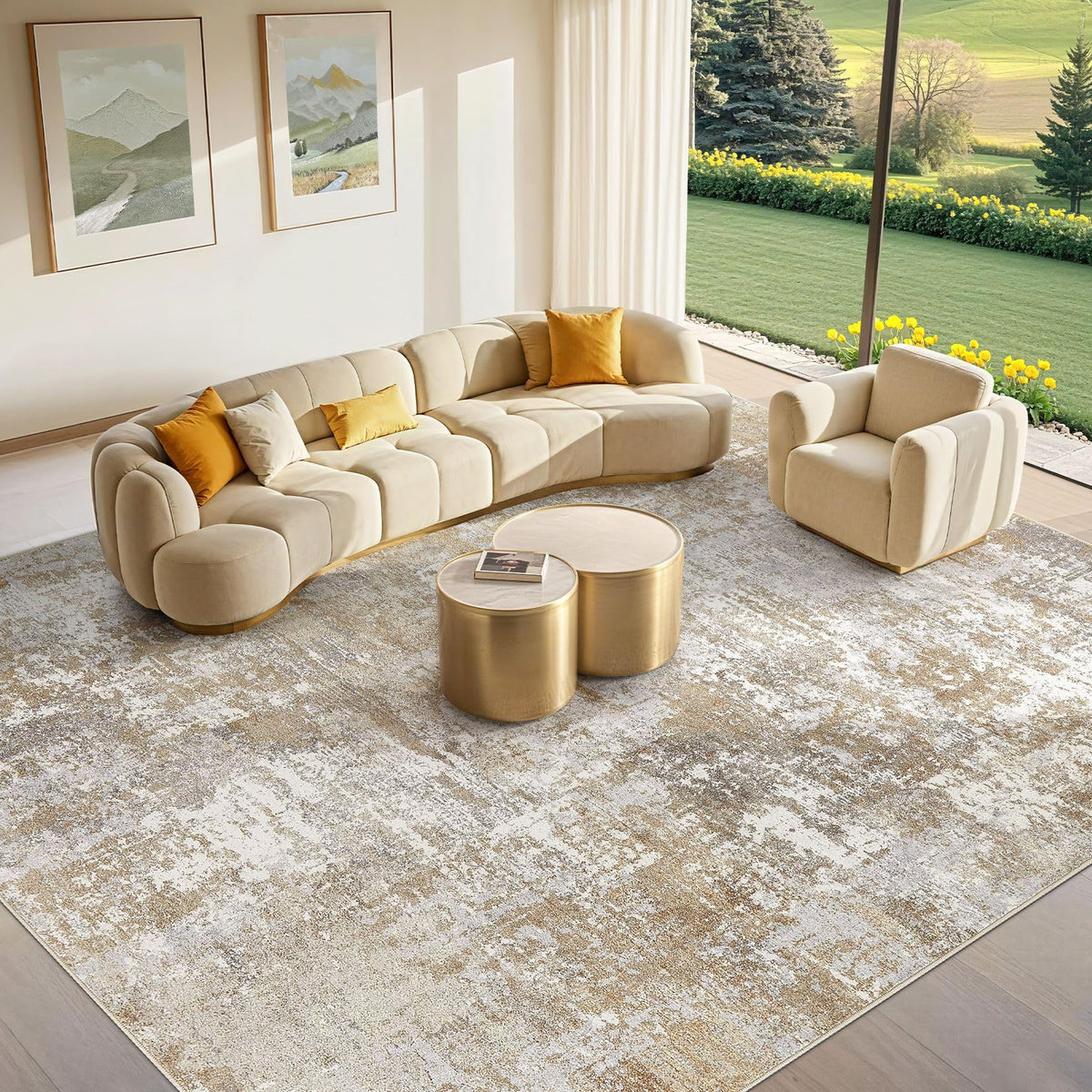 Tortania washable 8x10 area rug in brown gray for a stylish living room.