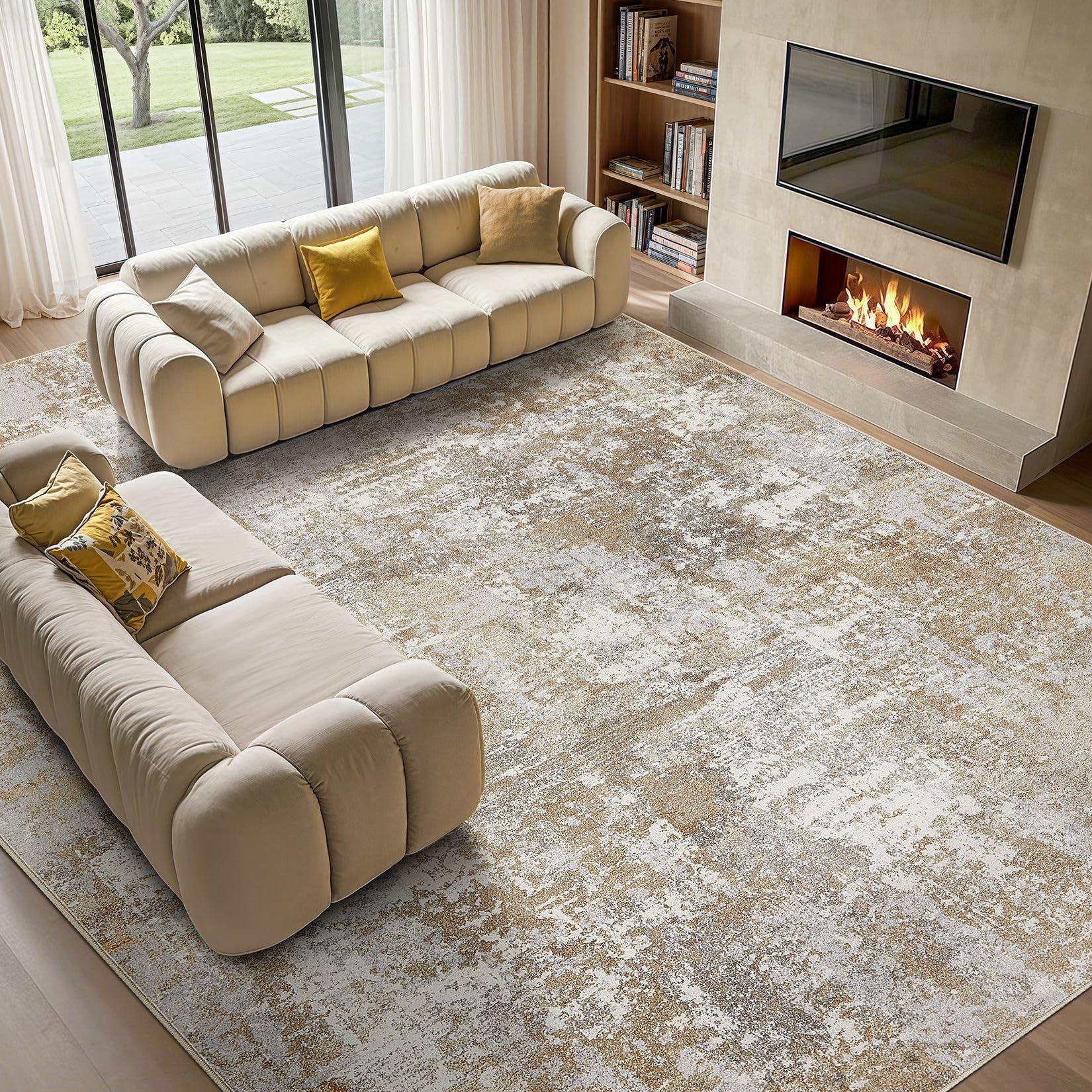 Tortania Washable 9x12 rug living room abstract brown-grey tones for easy care