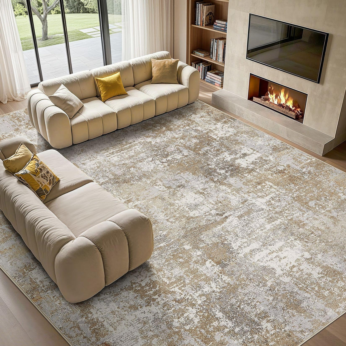 Tortania Washable 9x12 rug living room abstract brown-grey tones for easy care