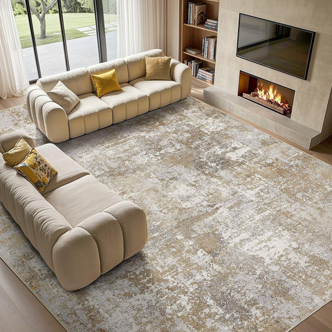 Tortania Washable 9x12 rug living room abstract brown-grey tones for easy care