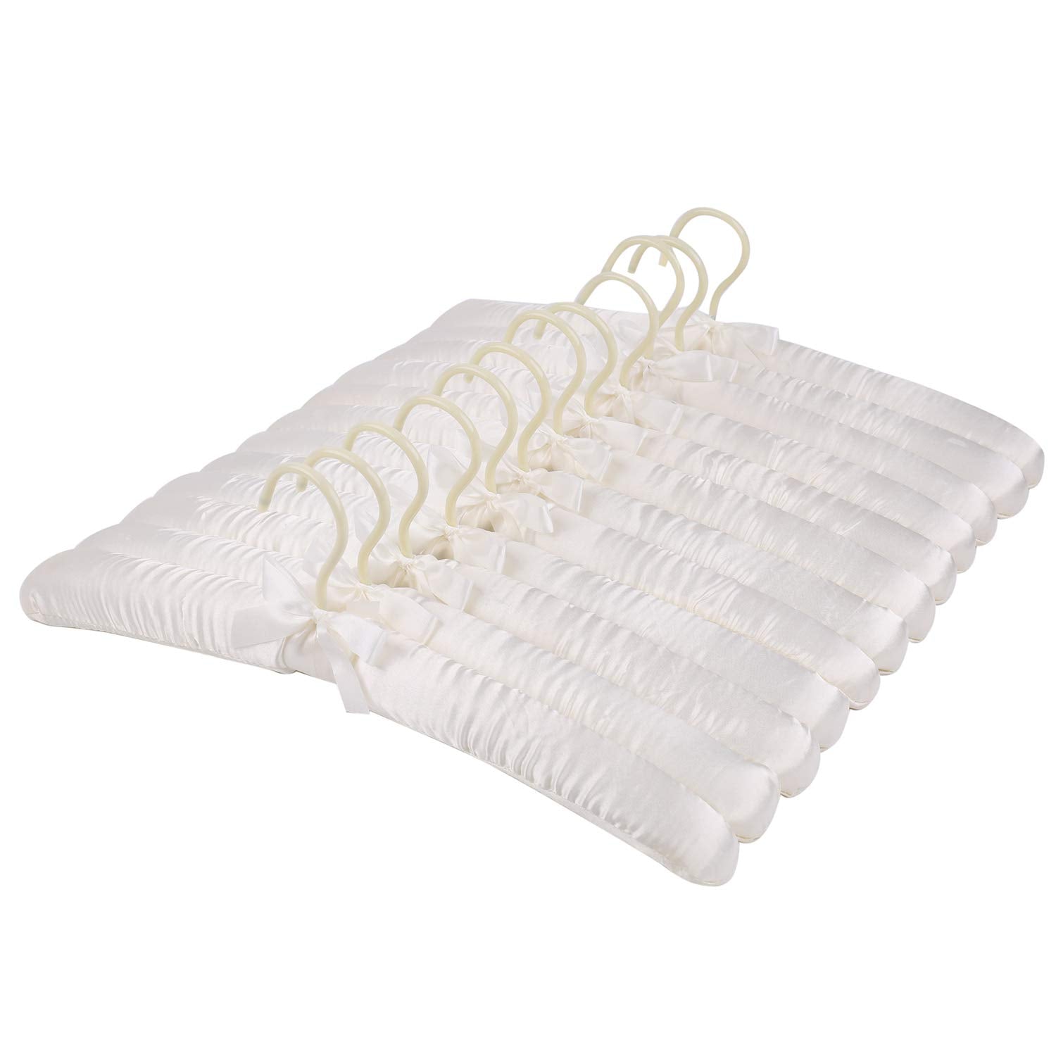 Tosnail 12-pack satin padded hangers in ivory keep garments wrinkle-free and organized.