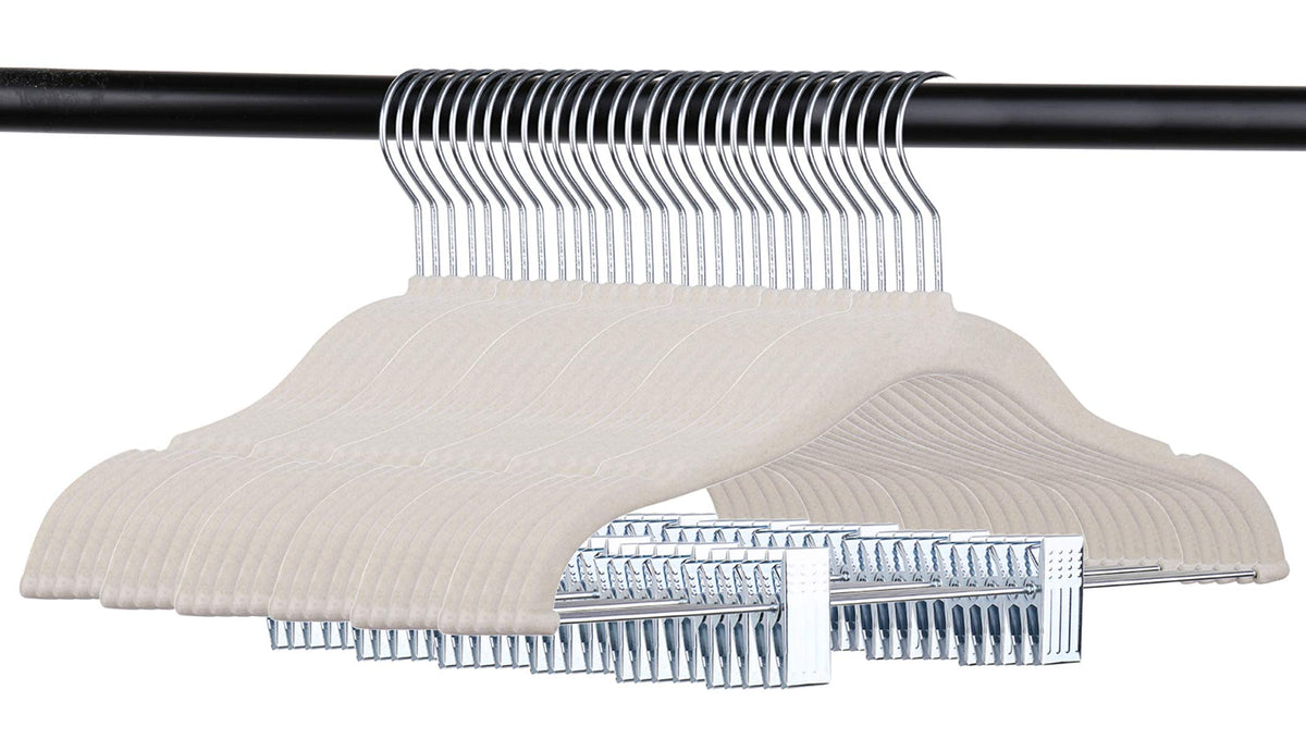 Tosnail 30-pack cream velvet hangers for kids keep outfits neat and organized.